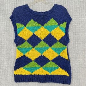 Handknit Jack Winter Vest Sweater Diamond Academia Blue Green Yellow Sz S Preppy
